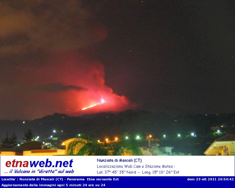 Rot illuminierte Eruptionssäule und Lavastrom am Neuen Südostkrater